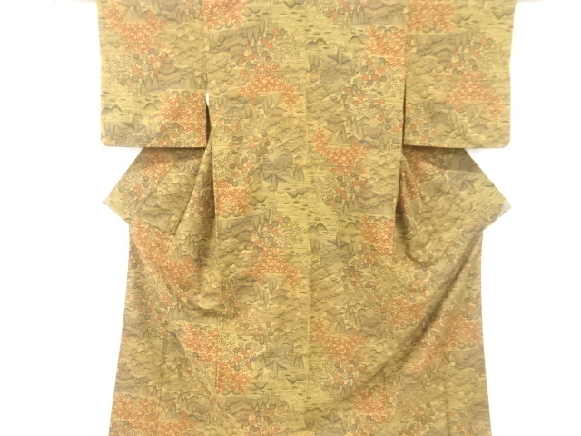JAPANESE KIMONO / VINTAGE KIMONO / SILK / WOVEN MOUNTAIN & TEMPLE SCENERY 